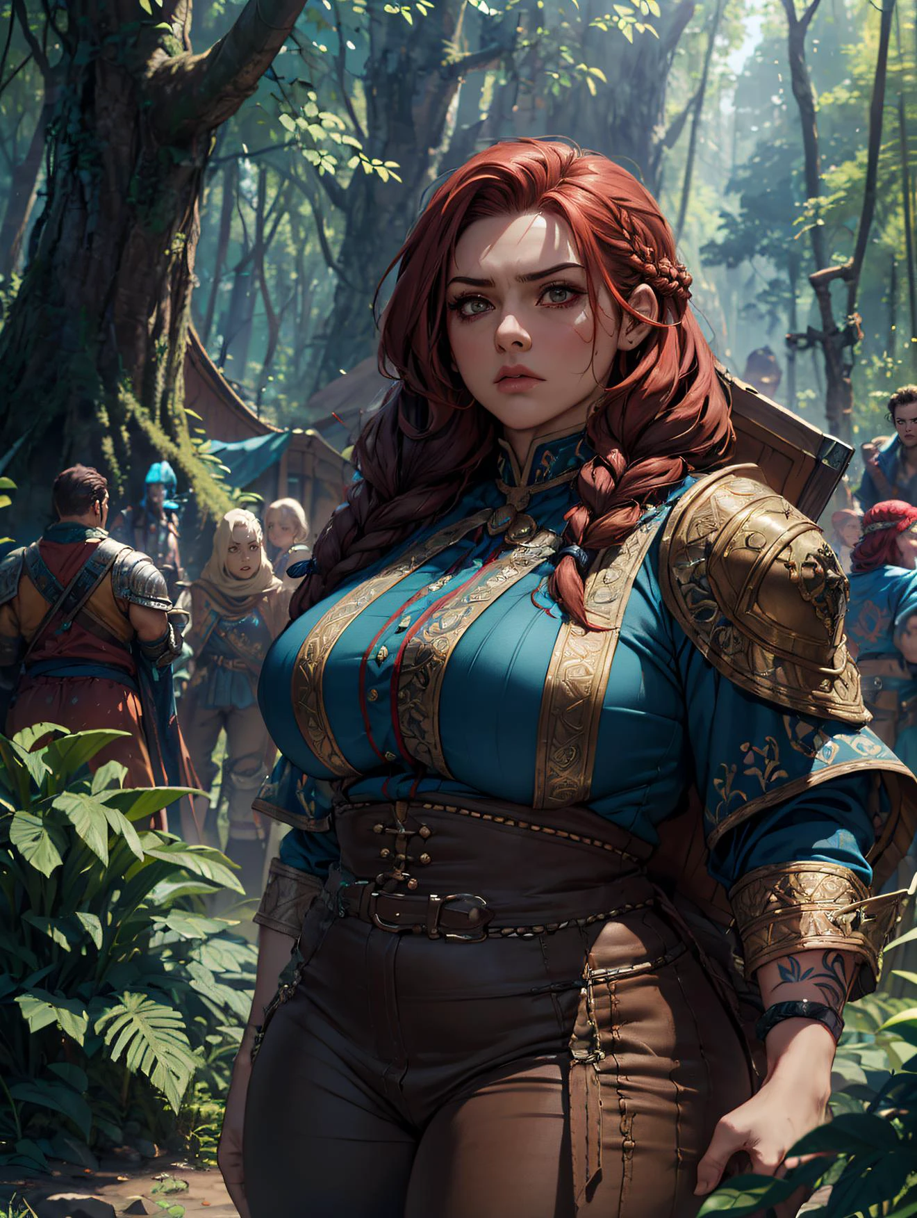(masterpiece, highly detailed, artstation, absurdres, fantasy), solo, (big head), gloomy facial expression, (woman dwarf, short body, short legs, broad shoulders, broad waist, stocky:1.3), flowing long red hair braided, bangles, shield, light armor, blue shirt, brown pants, tattoos, in the forest camp before the battle, clear sky, sharp focus, cinematic composition, <lora:st-fs_v1.1:1.3> <lora:detail_slider_v4:2> <lora:GoodHands-beta2:1>