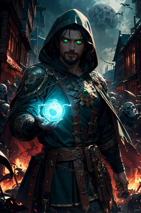 (masterpiece, highly detailed, artstation, absurdres, fantasy), dynamic pose, cowboy shot, solo, mature man, necromancer, face in shadow, Broad smile, (slight:1.5), short beard, (glowing green eyes:1.2), dark magic, staff, torn robe, hood, (the army of skeletons:1.1), blood moon, outdoors, village on fire, world of victorious evil, darkness, sharp focus, cinematic composition, <lora:detail_slider_v4:2> <lora:GoodHands-beta2:1>