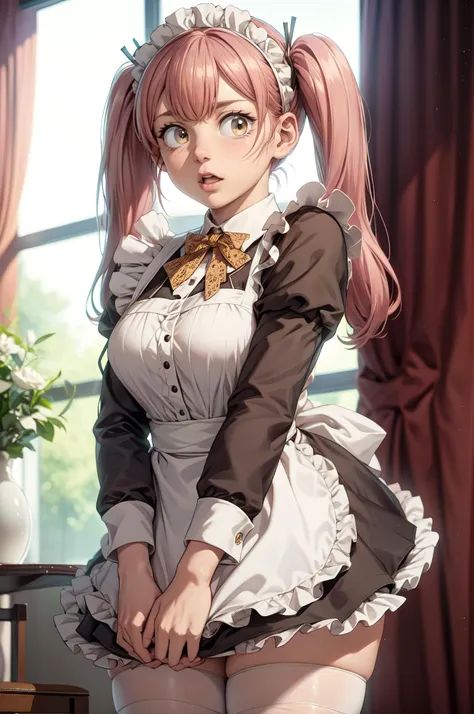 anime girl in maid outfit posing in front of window with flowers