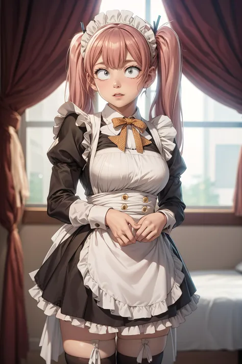 a close up of a woman in a maid outfit standing in front of a window