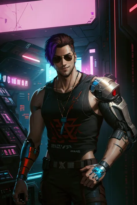 <lora:PulenKompot-Cyberpunk 2077 Style:1> cb2077, science fiction, cyberpunk, sci-fi, neon, cyborg, prosthetic arm, 1boy, tank top, short hair, aviator sunglasses, smirk