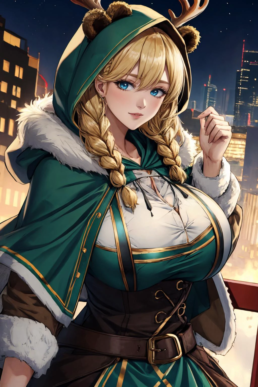 <lora:reindeer-outfit-richy-v1:0.8> reindeer costume, hood up <lora:frigga_lastorigin_v1:0.8> huge breasts, gigantic breasts, blonde hair, medium hair, blue eyes, bear ears, side braids,