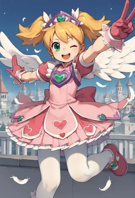 1girl, blonde hair, twintails, green eyes, pink dress, tiara, short sleeves, gloves, wrist cuffs, ribbon, heart, short sleeves, wings, feathers, white pantyhose, wink, v, magical girl, star \(symbol\), outdoors, city, smile, open mouth <lora:Sayaka_Ape_Scape:1>, score_9, score_8_up, score_7_up, score_6_up, score_5_up, score_4_up, BREAK source_anime, masterpiece