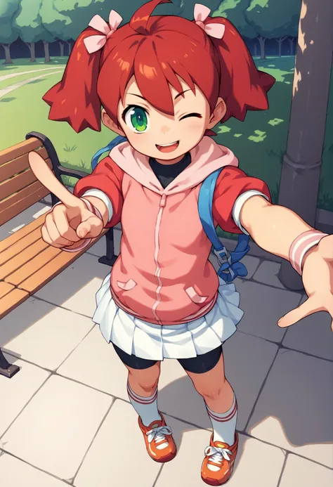 1girl, red hair, twintails, green eyes, hair bow, pink hoodie, short sleeves, wristband, white skirt, bike shorts, socks, sneakers, outdoors, park, bench, standing, pointing at viewer, wink, looking at viewer <lora:Sayaka_Ape_Scape:1>, score_9, score_8_up, score_7_up, score_6_up, score_5_up, score_4_up, BREAK source_anime, masterpiece