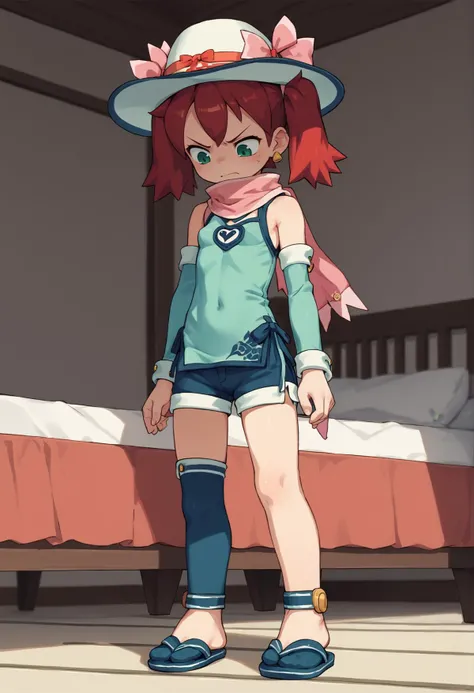 1girl, red hair, twintails, green eyes, chinese clothes, clothing cutout, ribbon, detached sleeves, denim shorts, blue shorts, thighhighs, tabi, sandals, pink scarf, cowboy hat, full body, looking down, disgust, bedroom <lora:Sayaka_Ape_Scape:1>, score_9, score_8_up, score_7_up, score_6_up, score_5_up, score_4_up, BREAK source_anime, masterpiece