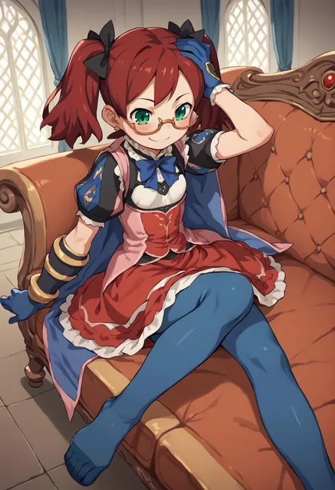 1girl, red hair, twintails, green eyes, ribbon, dress, white shirt, puffy sleeves, short sleeves, red skirt, cape, blue pantyhose, elbow gloves, single gauntlet, toes, indoors, blushing, sitting, knee on head, couch, mansion, evil smile, glasses <lora:Vinci_XL:1><lora:Sayaka_Ape_Scape:1>, score_9, score_8_up, score_7_up, score_6_up, score_5_up, score_4_up, BREAK source_anime, masterpiece