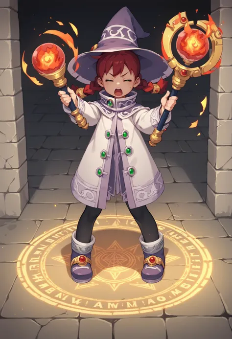 1girl, red hair, twin braids, green eyes, witch hat, white cloak, black pantyhose, boots, indoors, standing, dungeon, cowboy shot, casting spell, magic circle, closed eyes, open mouth, holding staff, magic, fire <lora:Sayaka_Ape_Scape:1>, score_9, score_8_up, score_7_up, score_6_up, score_5_up, score_4_up, BREAK source_anime, masterpiece