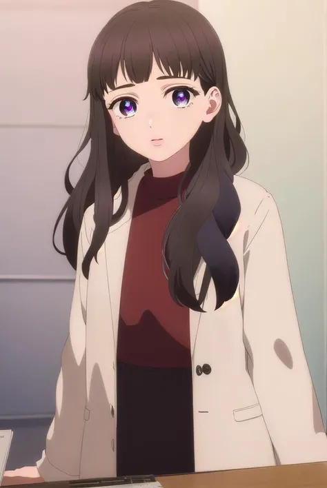 emmanakazono, <lora:emma nakazono-alpha-lora-nochekaiser:1>,
emma nakazono, long hair, bangs, brown hair, black hair, (purple eyes:1.1), blunt bangs, wavy hair,
BREAK jacket, sweater, lips, red shirt,
BREAK indoors,
BREAK looking at viewer, (cowboy shot:1.5),
BREAK <lyco:GoodHands-beta2:1>, (masterpiece:1.2), best quality, high resolution, unity 8k wallpaper, (illustration:0.8), (beautiful detailed eyes:1.6), extremely detailed face, perfect lighting, extremely detailed CG, (perfect hands, perfect anatomy),