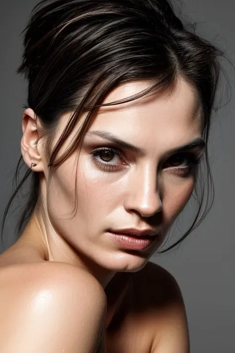 (CR-Famk3Janssen-frankyfrank2k:0.9), (face closeup:1.3) portrait of young woman, grey background, tilted pose shot, slick undercut hair, oiled shiny skin,