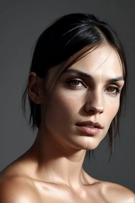 (CR-Famk3Janssen-frankyfrank2k:0.9), (face closeup:1.2) portrait of young woman wearing suit, grey background, (tilted pose shot:1.1), oiled shiny skin, (slick undercut hair:1.1)