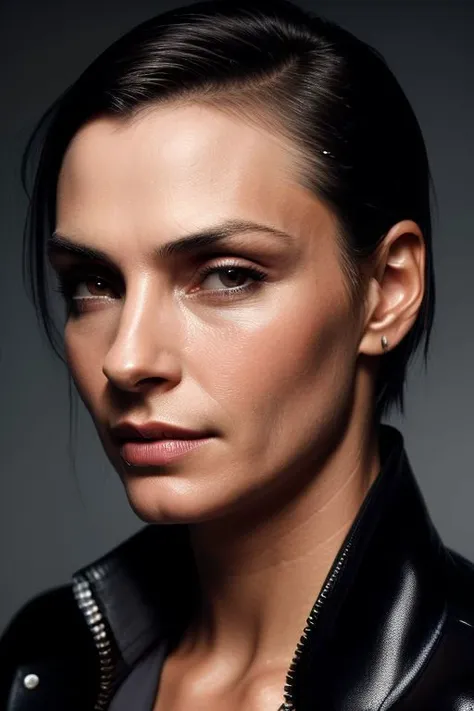 (CR-Famk3Janssen-frankyfrank2k:0.9), (face closeup:1.35) portrait of young woman wearing jacket, grey background, tilted pose shot, oiled shiny skin, (slick undercut hair:1.1)