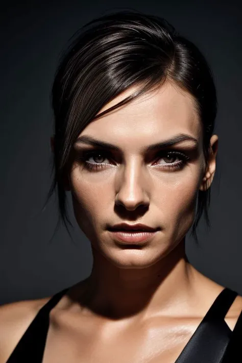 (CR-Famk3Janssen-frankyfrank2k:0.9), (face closeup:1.3) portrait of young woman wearing suit, grey background, tilted pose shot, oiled shiny skin, (slick undercut hair:1.1)