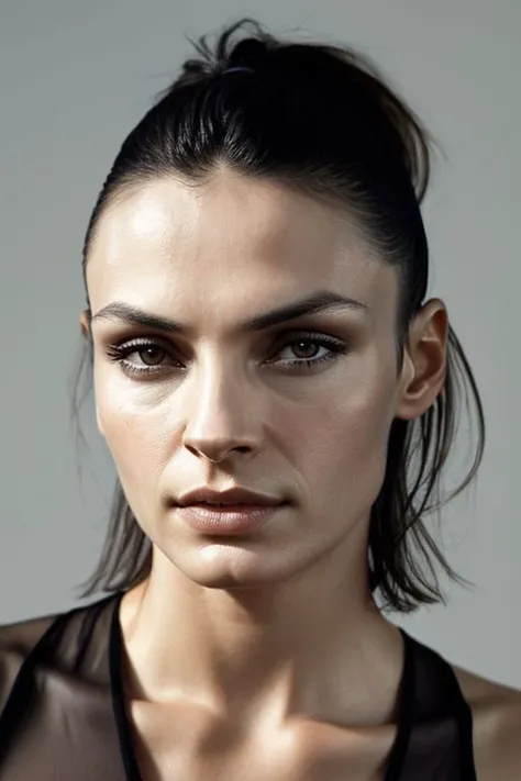 (CR-Famk3Janssen-frankyfrank2k:0.9), (face closeup:1.2) portrait of young woman wearing thin shirt, grey background, (tilted pose shot:1.1), oiled shiny skin, (slick undercut hair:1.1)