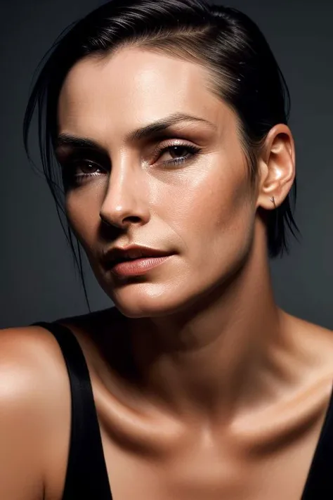 (CR-Famk3Janssen-frankyfrank2k:0.9), (face closeup:1.35) portrait of young woman wearing shirt, grey background, tilted pose shot, oiled shiny skin, (slick undercut hair:1.1)