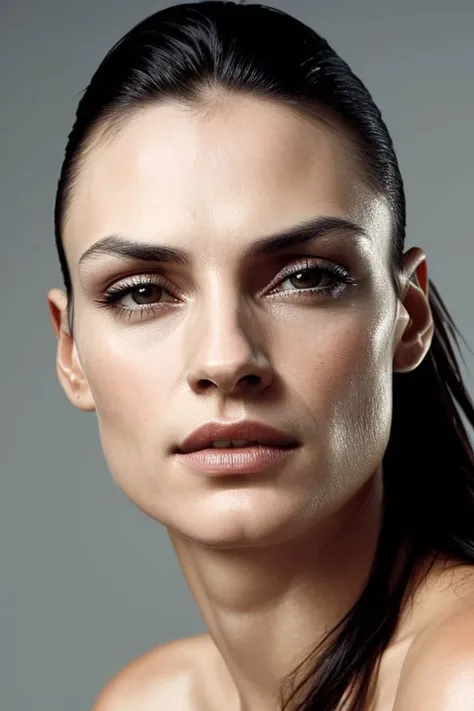 (CR-Famk3Janssen-frankyfrank2k:0.9), (face closeup:1.3) portrait of young woman wearing suit, grey background, tilted pose shot, oiled shiny skin, (slick undercut hair:1.1)