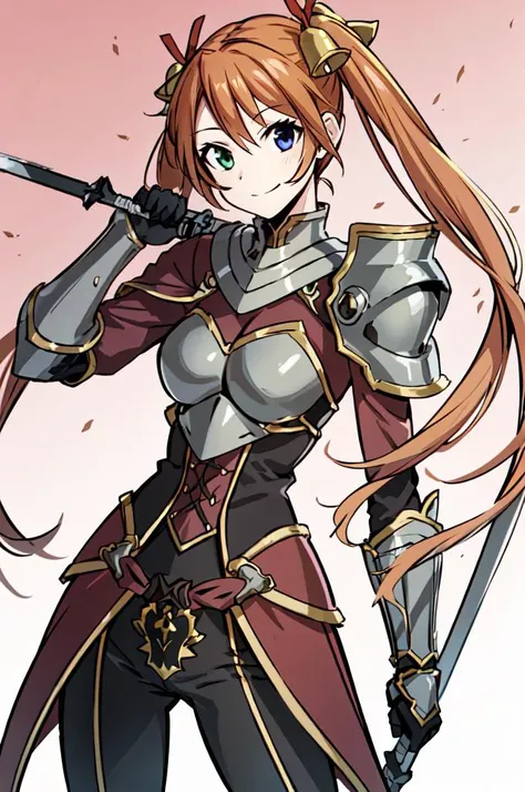 solo, smile, cowboy shot,   <lora:kagurazaka_asuna:0.7> bbasuna,heterochromia,long hair,ahoge,twintails,hair bell, armored dress, breastplate, one shoulder armor, gauntlets, greatsword,  <lora:Weapon2:1>, ultra detailed, masterpiece, best quality, aesthetic, detailed,