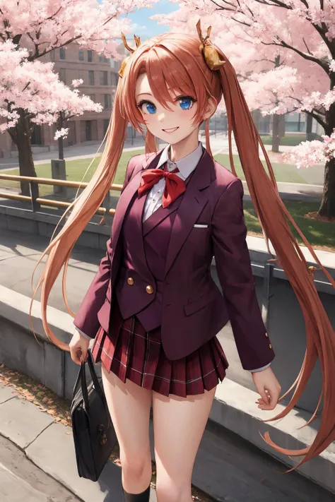 masterpiece,best quality,highres,ultra-detailed,aaasuna,heterochromia,long hair,ahoge,twintails,hair bell,school uniform,blazer,(jacket:1.3),red bowtie,vest,shirt,long sleeves,plaid skirt,socks,black socks,loafers,<lora:kagurazaka_asuna:0.7>,outdoors,standing,smile,cherry blossoms,cowboy shot,