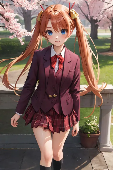masterpiece,best quality,highres,ultra-detailed,aaasuna,heterochromia,long hair,ahoge,twintails,hair bell,school uniform,blazer,(jacket:1.3),red bowtie,vest,shirt,long sleeves,plaid skirt,socks,black socks,loafers,<lora:kagurazaka_asuna:0.7>,outdoors,standing,smile,cherry blossoms,cowboy shot,