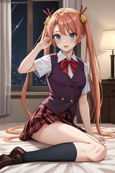 masterpiece,best quality,highres,ultra-detailed,bbasuna,heterochromia,long hair,ahoge,twintails,hair bell,school uniform,red bowtie,vest,shirt,short sleeves,plaid skirt,socks,black socks,<lora:kagurazaka_asuna:0.7>,indoors,sitting,bed,blush,embarrass,night,