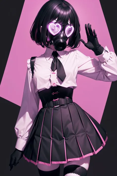 (masterpiece, best quality, ultra detailed), 1girl, solo, cowboy shot, waving, bob cut, two-tone hair, (jirai kei:1.2), pink shirt, black high waist skirt, necktie, black gloves, <lora:jiraikei:0.8>, striped kneehighs, (gas mask, gasmask, heart-lens:1.1), reflection, <lora:gasmask:0.8>, purple theme, monochrome, <lora:purple_neon:0.7>, marble pattern background,