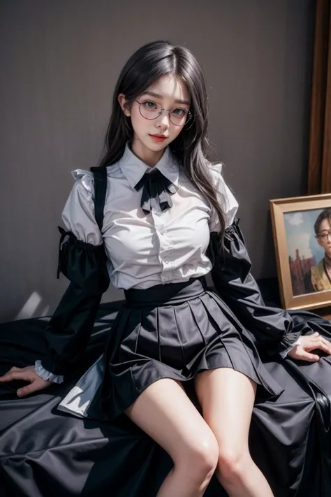 8k,(masterpiece:1),ultra-detailed,best quality,(high_quality:1),RAW photo,(realistic photo:1),(high detailed skin:1)18 years old model,In a serene and luxuriously appointed chamber,awash with the muted hues of sunset,an individual rests languidly. Lying on a sumptuous bed of satin and velvet,the gentle arc of their spine and the relaxed disposition of their limbs conveys an effortless sensuality. Their ensemble,thoughtfully chosen,enhances their form without overt exhibition,drawing the viewer's eye along the contours of their silhouette. Elegantly seductive,sultry undertones,'aesthetically pleasing',muted lighting,sophisticated ambiance,hints of mystery,poised,artfully composed. Channelling the sensual curves and atmospheres found in the works of Alphonse Mucha,combined with the soft realism of John Singer Sargent's portraits and the chiaroscuro play of Caravaggio,
Lamia,(glasses),green eyes,long hair,(gray hair:1.4),small breasts,<lora:lamia_majic:0.27>,(ulzzang-6500-v1.1:0.5),<lora:add_detail:1>,<lora:InstantPhotoX3:0.3>,<lora:neg4all_bdsqlsz_V3.5:1>,<lora:jiraikei:1>,jirai kei,black skirt,