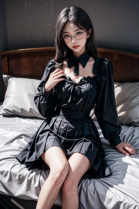 8k,(masterpiece:1),ultra-detailed,best quality,(high_quality:1),RAW photo,(realistic photo:1),(high detailed skin:1)18 years old model,In a serene and luxuriously appointed chamber,awash with the muted hues of sunset,an individual rests languidly. Lying on a sumptuous bed of satin and velvet,the gentle arc of their spine and the relaxed disposition of their limbs conveys an effortless sensuality. Their ensemble,thoughtfully chosen,enhances their form without overt exhibition,drawing the viewer's eye along the contours of their silhouette. Elegantly seductive,sultry undertones,'aesthetically pleasing',muted lighting,sophisticated ambiance,hints of mystery,poised,artfully composed. Channelling the sensual curves and atmospheres found in the works of Alphonse Mucha,combined with the soft realism of John Singer Sargent's portraits and the chiaroscuro play of Caravaggio,
Lamia,(glasses),green eyes,long hair,(gray hair:1.4),small breasts,<lora:lamia_majic:0.27>,(ulzzang-6500-v1.1:0.5),<lora:add_detail:1>,<lora:InstantPhotoX3:0.3>,<lora:neg4all_bdsqlsz_V3.5:1>,<lora:jiraikei:1>,jirai kei,black skirt,