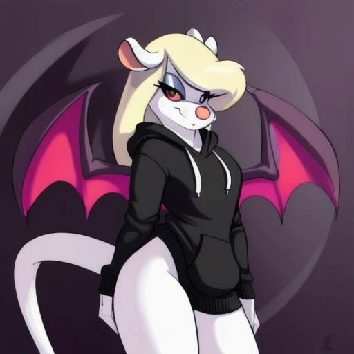 Minerva Mink (Animaniacs), <lora:SuccubusT-16:0.9>, SuccubusT, demon horns, demon wings, long hoodie, sleeves past wrists, best quality, masterpiece