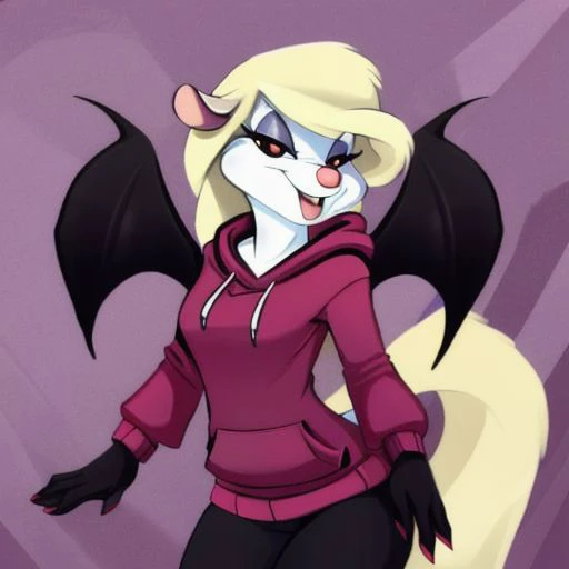 Minerva Mink (Animaniacs), <lora:SuccubusT-16:0.9>, SuccubusT, demon horns, demon wings, long hoodie, sleeves past wrists, best quality, masterpiece