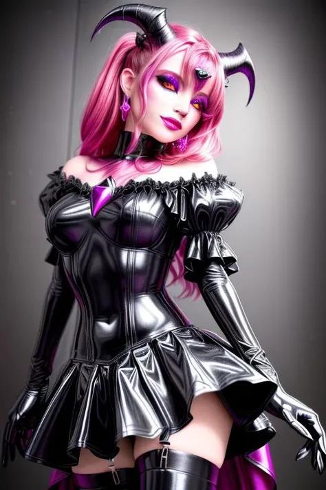 SuccubusT, EvlSM, MEvil, Bad_End_Precure, DarkPrecure, adult, evil corrupted princess wearing dark pastel (ruffled:1) (gleaming latex:1) gown with (long latex cape:1) and latex elbow gauntlets, soft lighting, ruffles,
(red eyes, colored skin, glowing eyes, evil smile),
(makeup, lipstick, mascara, eyeshadow),
(demon horns, demon wings),
<lora:more_details:1>,