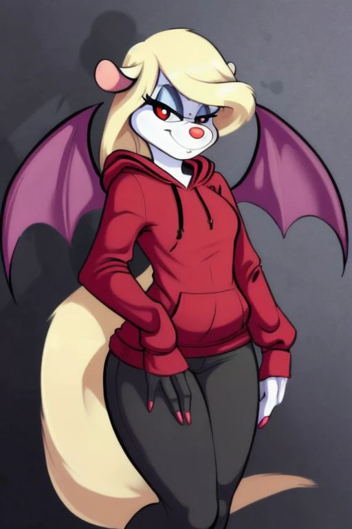 Minerva Mink (Animaniacs), <lora:SuccubusT-16:0.9>, SuccubusT, demon horns, demon wings, long hoodie, sleeves past wrists, best quality, masterpiece