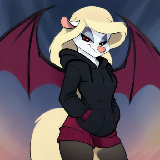 Minerva Mink (Animaniacs), <lora:SuccubusT-16:0.9>, SuccubusT, demon horns, demon wings, long hoodie, sleeves past wrists, best quality, masterpiece