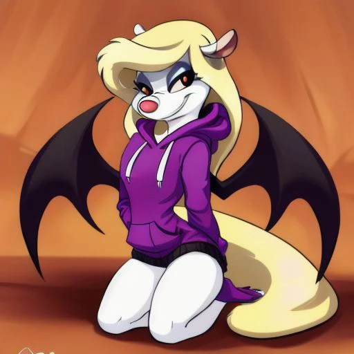 Minerva Mink (Animaniacs), <lora:SuccubusT-16:0.9>, SuccubusT, demon horns, demon wings, long hoodie, sleeves past wrists, best quality, masterpiece