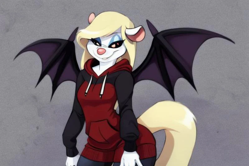 Minerva Mink (Animaniacs), <lora:SuccubusT-16:0.9>, SuccubusT, demon horns, demon wings, long hoodie, sleeves past wrists, best quality, masterpiece