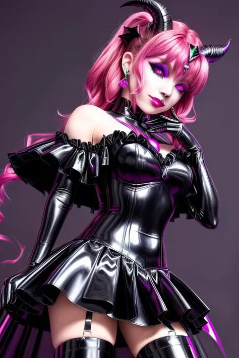 SuccubusT, EvlSM, MEvil, Bad_End_Precure, DarkPrecure, adult, evil corrupted princess wearing dark pastel (ruffled:1) (gleaming latex:1) gown with (long latex cape:1) and latex elbow gauntlets, soft lighting, ruffles,
(red eyes, colored skin, glowing eyes, evil smile),
(makeup, lipstick, mascara, eyeshadow),
(demon horns, demon wings),
<lora:more_details:1>,