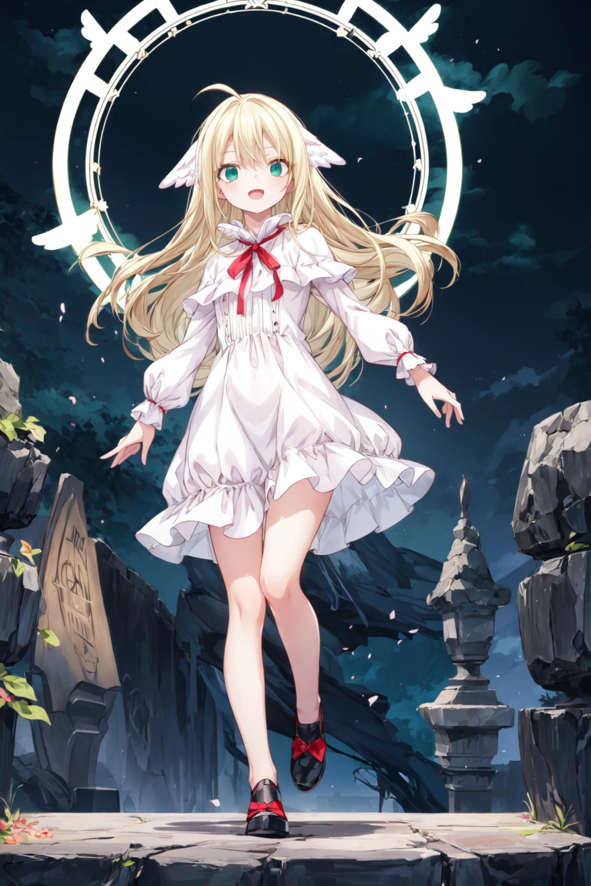 <lora:mavis-lora-nochekaiser:0.8> , mavis, dress ,ribbon, red ribbon, capelet, long sleeves, high resolution, cinematic light, best shadow, (shine), white pale skin, (blonde hair, long hair, head wings), (glowing eyes, green eyes), best quality, laughing and chatting, petite, short height, cute, masterpiece, (casual), high waist , (full body:1.3), (real picture, intricate details, depth of field), dynamic posture, (1girl,solo) , (magic circle), <lora:add_detail:0.8>, waves of wind, windspiral, gale wind, inner power,