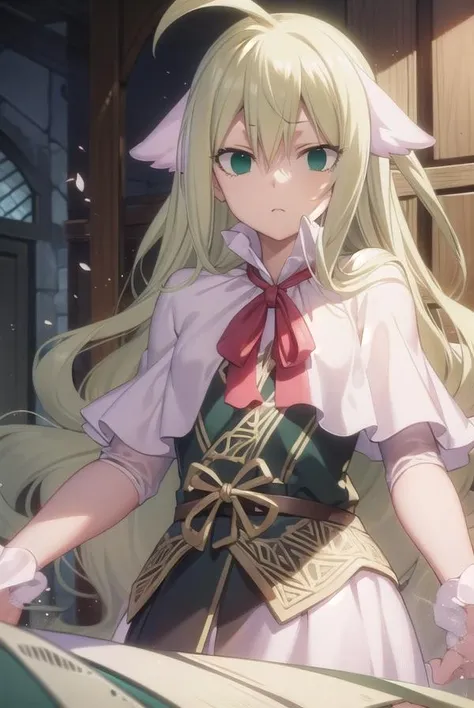 mavis, <lora:mavis-lora-nochekaiser:1>, 
mavis, long hair, blonde hair, (green eyes:1.5), ahoge, wavy hair, animal ears,
BREAK dress, white dress, collar, ribbon, red ribbon, capelet, long sleeves, 
BREAK looking at viewer, 
BREAK indoors,
BREAK <lyco:GoodHands-beta2:1>, (masterpiece:1.2), best quality, high resolution, unity 8k wallpaper, (illustration:0.8), (beautiful detailed eyes:1.6), extremely detailed face, perfect lighting, extremely detailed CG, (perfect hands, perfect anatomy),