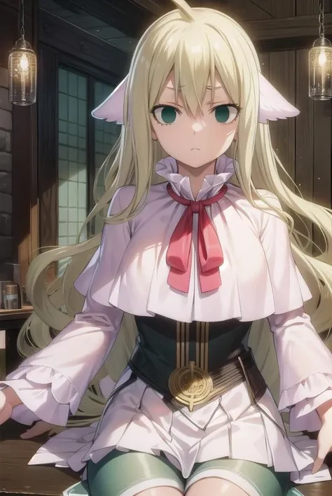 mavis, <lora:mavis-lora-nochekaiser:1>,
mavis, long hair, blonde hair, (green eyes:1.5), ahoge, wavy hair, animal ears,
BREAK dress, white dress, collar, ribbon, red ribbon, capelet, long sleeves,
BREAK looking at viewer,
BREAK indoors,
BREAK <lyco:GoodHands-beta2:1>, (masterpiece:1.2), best quality, high resolution, unity 8k wallpaper, (illustration:0.8), (beautiful detailed eyes:1.6), extremely detailed face, perfect lighting, extremely detailed CG, (perfect hands, perfect anatomy),