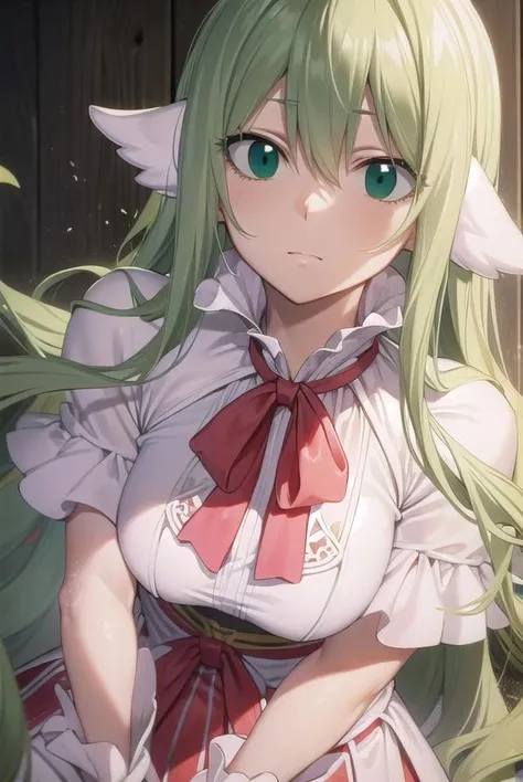 mavis, <lora:mavis-lora-nochekaiser:1>,
mavis, long hair, blonde hair, (green eyes:1.5), ahoge, wavy hair, animal ears,
BREAK dress, white dress, collar, ribbon, red ribbon, capelet, long sleeves,
BREAK looking at viewer,
BREAK indoors,
BREAK <lyco:GoodHands-beta2:1>, (masterpiece:1.2), best quality, high resolution, unity 8k wallpaper, (illustration:0.8), (beautiful detailed eyes:1.6), extremely detailed face, perfect lighting, extremely detailed CG, (perfect hands, perfect anatomy),