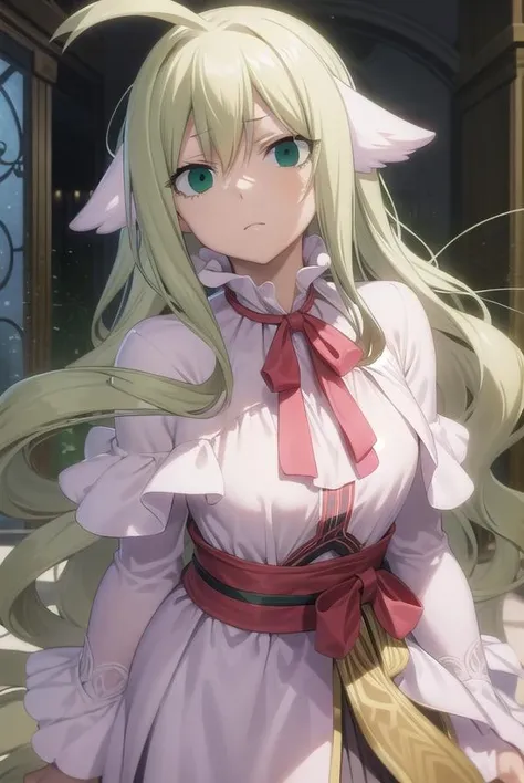 mavis, <lora:mavis-lora-nochekaiser:1>, 
mavis, long hair, blonde hair, (green eyes:1.5), ahoge, wavy hair, animal ears,
BREAK dress, white dress, collar, ribbon, red ribbon, capelet, long sleeves, 
BREAK looking at viewer, 
BREAK indoors,
BREAK <lyco:GoodHands-beta2:1>, (masterpiece:1.2), best quality, high resolution, unity 8k wallpaper, (illustration:0.8), (beautiful detailed eyes:1.6), extremely detailed face, perfect lighting, extremely detailed CG, (perfect hands, perfect anatomy),