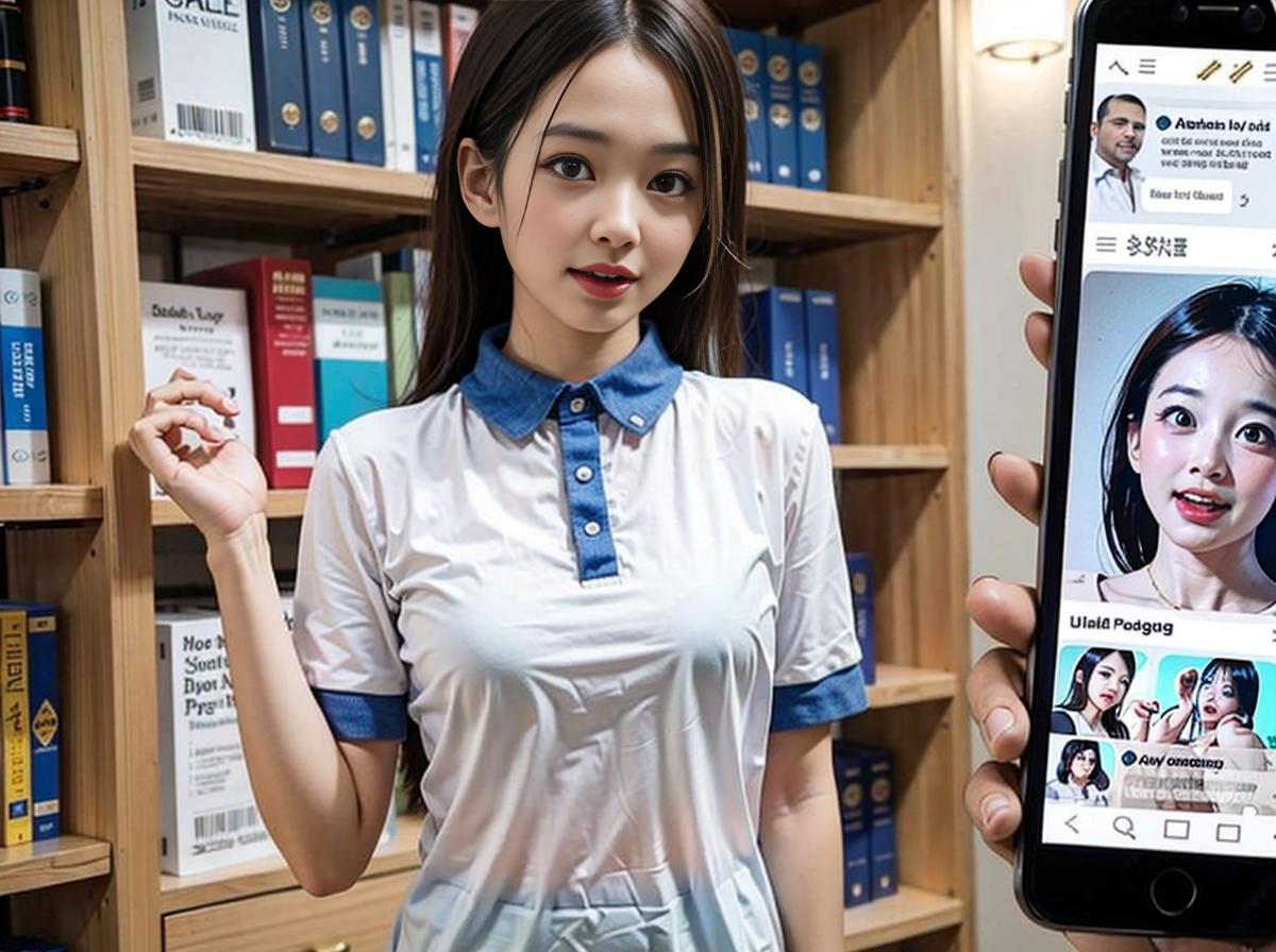 There is a woman holding a cell phone in front of a book shelf - SeaArt AI