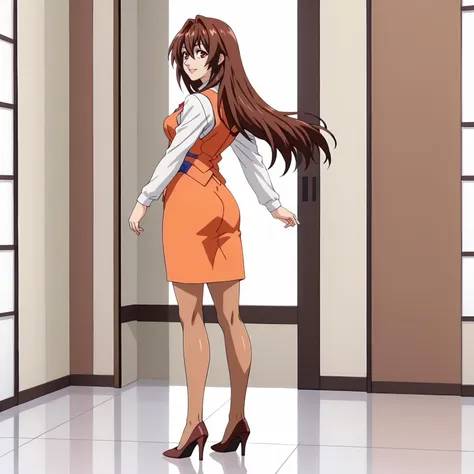 <lora:RenaAsaokaXLpony005>,
smile,parted lips,
solo,
RenaAsaoka,1girl,brown hair,long hair,hair between eyes,red eyes,
medium breasts,
white shirt,long_sleeves,orange vest,
orange pencil_silkart,
brown pantyhose,
high_heels,
full body,standing,looking back,