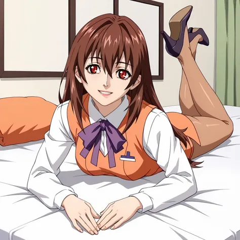 <lora:RenaAsaokaXLpony005>,
smile,parted lips,
solo,
RenaAsaoka,1girl,brown hair,long hair,hair between eyes,red eyes,
medium breasts,
white shirt,long_sleeves,purple ribbontie,orange vest,
orange pencil_silkart,
brown pantyhose,
high_heels,
full body,on stomach,the_pose,