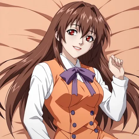 <lora:RenaAsaokaXLpony005>,
smile,parted lips,
solo,
RenaAsaoka,1girl,brown hair,long hair,hair between eyes,red eyes,
medium breasts,
white shirt,long_sleeves,purple ribbontie,orange vest,
orange pencil_silkart,
brown pantyhose,
on back,