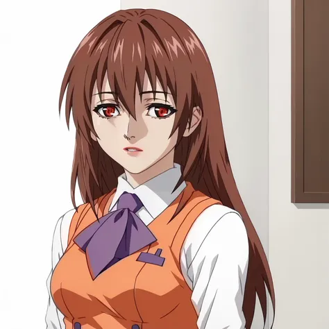 <lora:RenaAsaokaXLpony005>,
parted lips,looking to the side,half closed eyes,
solo,
RenaAsaoka,1girl,brown hair,long hair,hair between eyes,red eyes,
medium breasts,
white shirt,long_sleeves,purple ribbontie,orange vest,