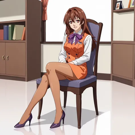 <lora:RenaAsaokaXLpony005>,
smile,parted lips,
solo,
RenaAsaoka,1girl,brown hair,long hair,hair between eyes,red eyes,
medium breasts,
white shirt,long_sleeves,purple ribbontie,orange vest,
orange pencil_silkart,
brown pantyhose,
high_heels,
full body,sitting,chair,