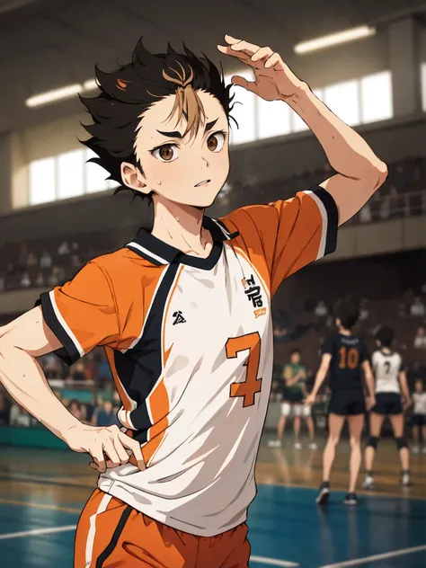 <lora:Yuu Nishinoya V3:0.6> Yuu Nishinoya ,solo,1boy, masterpiece, best quality, ((1man)). ((aged up)), haikyuu!! nishinoya_yuu highres ,ball black_hair (blonde_hair) brown_eyes clothes_writing, feathers footprints karasuno_volleyball_uniform male_focus multicolored_hair orange_shirt parted_lips playing_sports shirt short_hair solo (streaked_hair) sweat two-tone_hair upper_body volleyball (volleyball_uniform) (volleyball court)