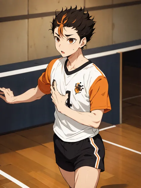 <lora:Yuu Nishinoya V3:0.6> Yuu Nishinoya ,solo,1boy,  masterpiece, best quality, ((1man)). ((aged up)), haikyuu!! nishinoya_yuu highres ,ball black_hair (blonde_hair) brown_eyes clothes_writing,  feathers footprints karasuno_volleyball_uniform male_focus multicolored_hair orange_shirt parted_lips playing_sports shirt short_hair solo (streaked_hair) sweat two-tone_hair upper_body volleyball (volleyball_uniform)  (volleyball court)