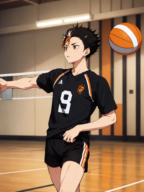 <lora:Yuu Nishinoya V3:0.6> Yuu Nishinoya ,solo,1boy,  masterpiece, best quality, ((1man)). ((aged up)), haikyuu!! nishinoya_yuu highres ,ball black_hair (blonde_hair) brown_eyes clothes_writing,  feathers footprints karasuno_volleyball_uniform male_focus multicolored_hair orange_shirt parted_lips playing_sports shirt short_hair solo (streaked_hair) sweat two-tone_hair upper_body volleyball (volleyball_uniform)  (volleyball court)