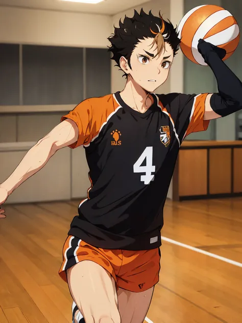 <lora:Yuu Nishinoya V3:0.6> Yuu Nishinoya ,solo,1boy, masterpiece, best quality, ((1man)). ((aged up)), haikyuu!! nishinoya_yuu highres ,ball black_hair (blonde_hair) brown_eyes clothes_writing, feathers footprints karasuno_volleyball_uniform male_focus multicolored_hair orange_shirt parted_lips playing_sports shirt short_hair solo (streaked_hair) sweat two-tone_hair upper_body volleyball (volleyball_uniform) (volleyball court)