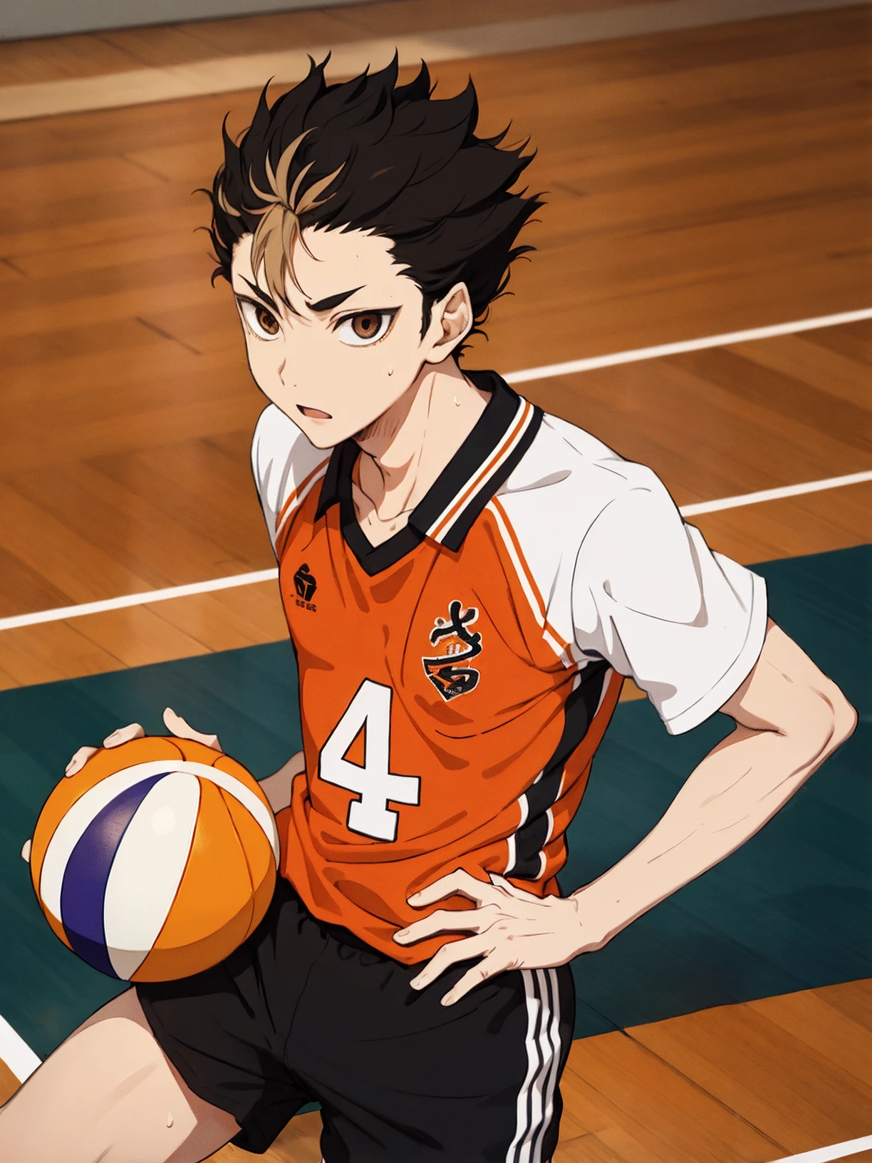 <lora:Yuu Nishinoya V3:0.6> Yuu Nishinoya ,solo,1boy, masterpiece, best quality, ((1man)). ((aged up)), haikyuu!! nishinoya_yuu highres ,ball black_hair (blonde_hair) brown_eyes clothes_writing, feathers footprints karasuno_volleyball_uniform male_focus multicolored_hair orange_shirt parted_lips playing_sports shirt short_hair solo (streaked_hair) sweat two-tone_hair upper_body volleyball (volleyball_uniform) (volleyball court)